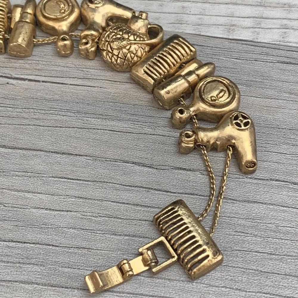 Vintage Gold Tone Beauty Salon Charm Bracelet Hair Dryer Comb Lipstick 6.5